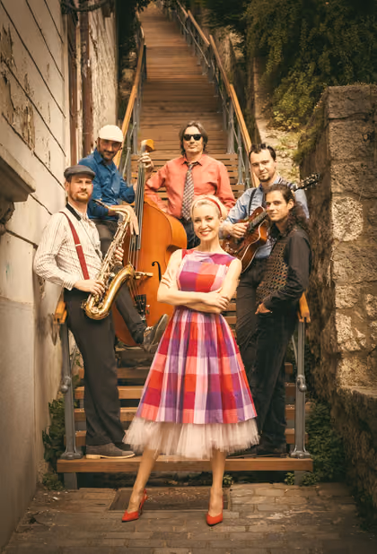 The band on the steps of a narrow Zagreb street