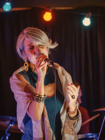 The singer at the microphone under coloured bulbs