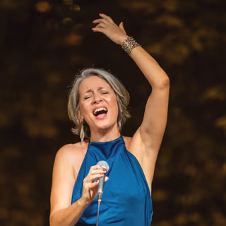 The singer with her arm raised at Zrinjevac in the evening