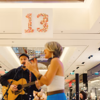 The singer and the guitarist performing in a shopping centre